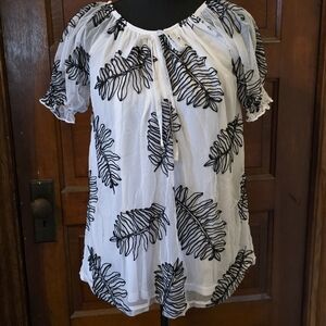 Women’s White Peasant Top with Black Leaf Motif